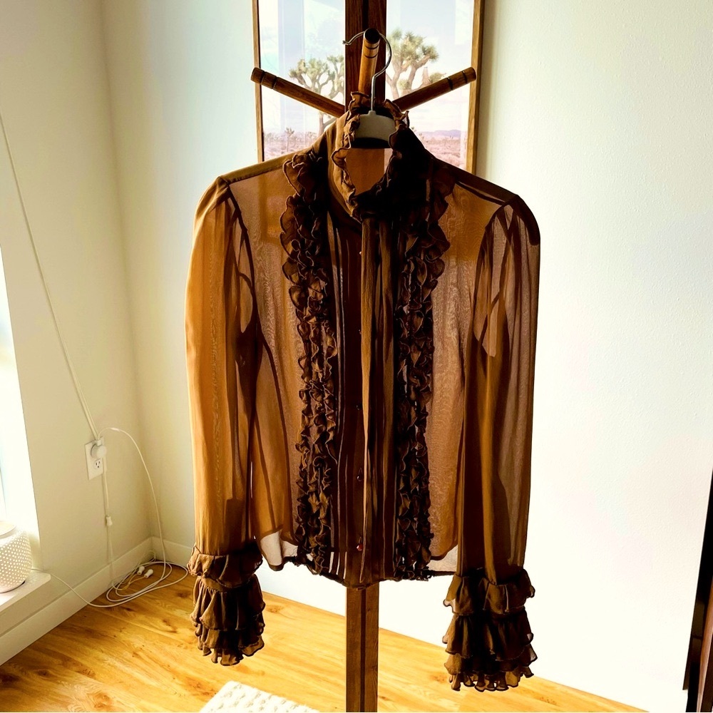 Maurizio Pecoraro Silk Sheer Blouse with Tie and Ruffled Front and Cuffs